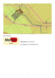 Situasjonsplan som viser bygningens plassering på tomten, eigedomsgrensa, terrenglinjer og nivåer.