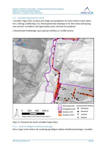 En kartvisning (Figur 21) som viser skredfaresoner i området Teigen-Åsen, inkludert topografi og soner for steinsprang, skred og jordskred.