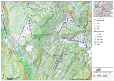 Et kart over et område i Kvam med topografiske detaljer, terrengforhold og arealbruk.