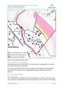 Et kart som viser et skredfareområde med overlagte data om eksisterende tiltak og sannsynlighet for skred.