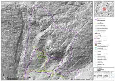 Et kart over et terrengområde med overlagte polygoner og linjer som viser kartleggingsområder, erosjon, skredfare og geologi.