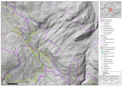 Et kart over et område (Kvamsloken) som viser geologiske og erosjonsmessige forhold, inkludert en oversikt over prosjektområdet i øvre høyre hjørne.