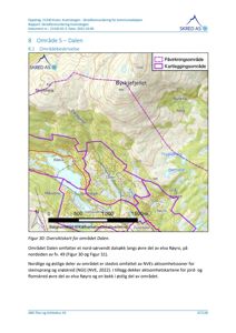 Oversiktskart over området Dalen med topografi, bekker og skredområder