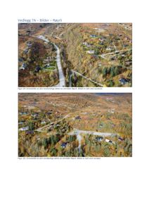 Dronnebilder (flyfoto) av et boligområde kalt Røyrlid, som viser hus, veier og skog fra luften.