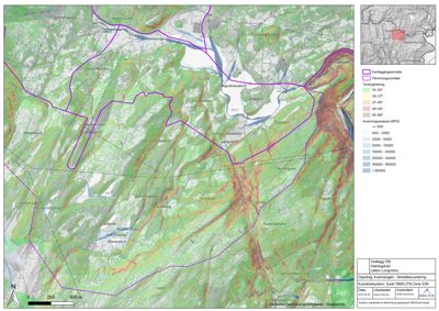 Kart over et geografisk område med overlagte data om terrengheving, areneringsanalyse og kartleggingsområder.