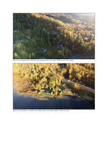 To dronebilder av et skråningsområde med hus og en bekke ved vann.