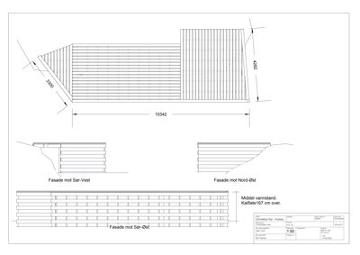 Fasadetegning som viser oppriss av bygningens ytre form og mål fra ulike vinkler (Sør-Vest, Nord-Øst, Sør-Øst).