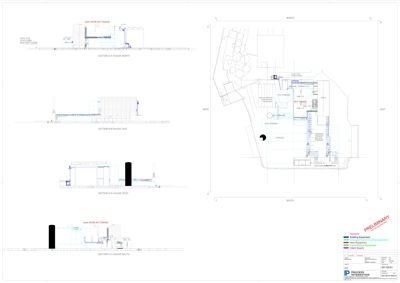 Snittegning (SECTION) som viser bygningens tverrsnitt sett fra ulike sider (NORTH, EAST, WEST, SOUTH) med høydeangivelser og fasadeoppsett.