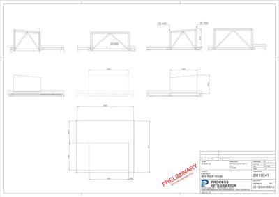 Tegning som viser detaljerte oppriss av en nybygget takkonstruksjon med mål og dimensjoner.
