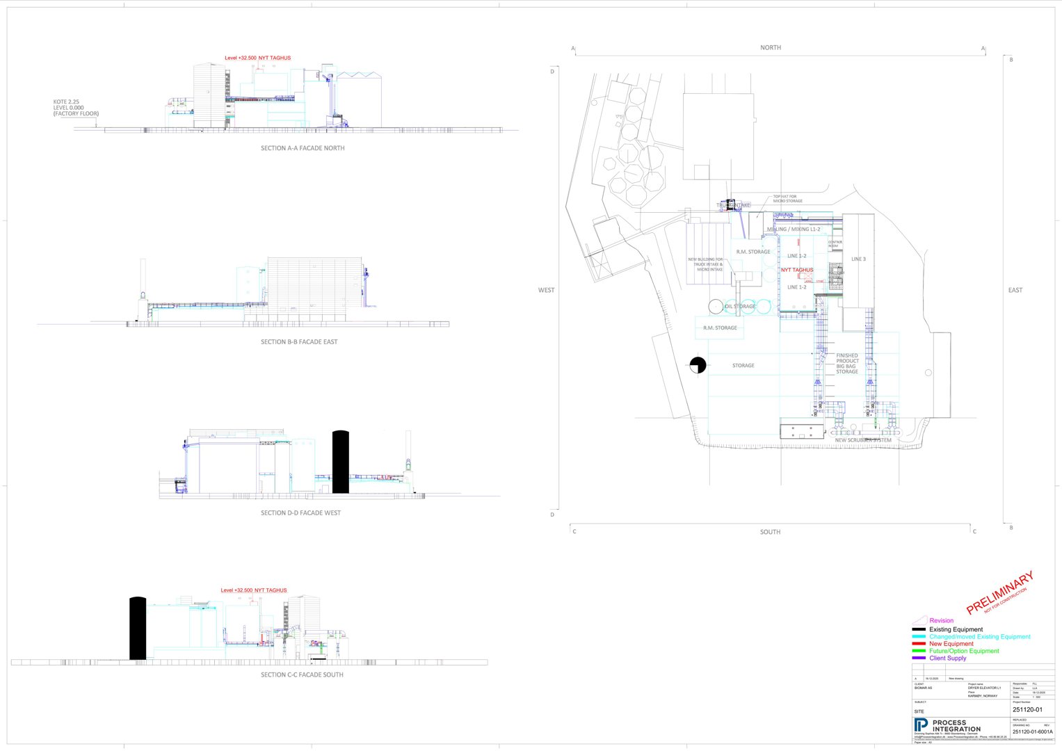 Snittegning av en bygning sett fra ulike vinkler (NORD, ØST, VEST, SØR) med angivelse av høyder og fasadeelementer.