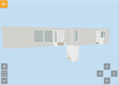 3D-visualisering av en bygning med en lysblå bakgrunn. Bildet viser fasade, vinduer, dører og en utvendig trapp.