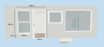 En 3D-visualisering (rendering) av en fasade eller et snitt gjennom en bygning, som viser vinduer, dører og rominndeling med måleangivelser.