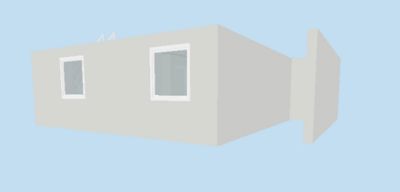 En 3D-visualisering (rendering) av en bygning sett fra en vinkel, som viser fasade og form.