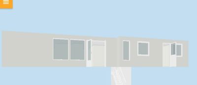 En fasadetegning som viser en bygning sett fra siden, med vinduer og dører synlige.