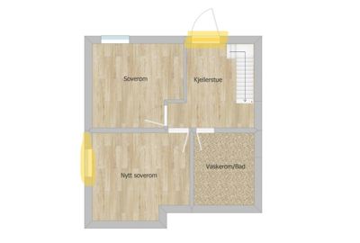 Etasjeplan som viser romfordeling med soverom, kjellerstue og vaskerom/bad.