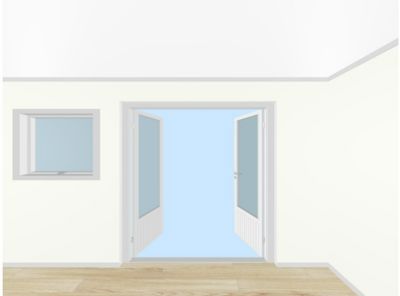 3D-visualisering av en tom rom med en åpen dobbeltdør og et vindu.