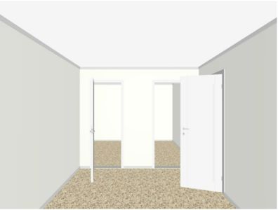 3D-visualisering av et rom (gang eller korridor) med tre dører og gulvbelegg.