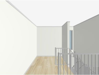 3D-visualisering av en gang eller trappoppgang med gulv, vegger og ræling