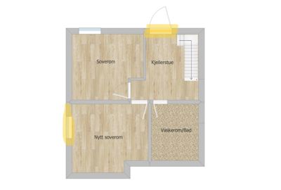 Etasjeplan som viser romfordeling med soverom, kjellerstue, vaskerom/bad og trapp.