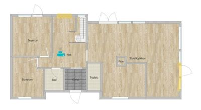 Etasjeplan som viser romfordeling, dører, trapp og bad i en leilighet.