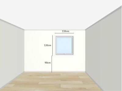Detaljtegning som viser mål på et vindu (bredde 110cm, høyde 120cm) og plassering i forhold til gulvet (90cm fra gulv til vindusbunn).