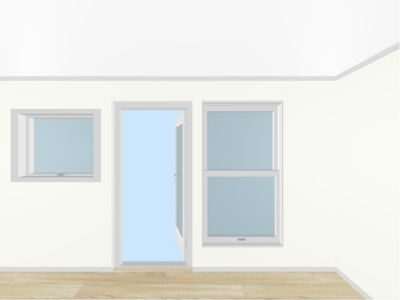 3D-visualisering av en tom romside med vinduer og dør