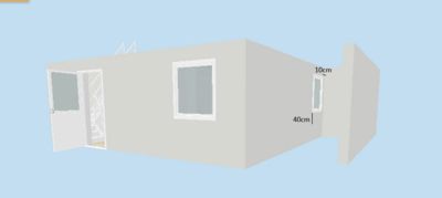 3D-visualisering av en enkel bygning med dør, vinduer og dimensjoner (10cm, 40cm) vist på en vegg.