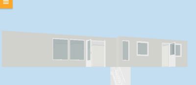 En 3D-visualisering (rendering) av en fasade på et bygning, sannsynligvis en container eller modulær bygning, med vinduer og dører synlig.