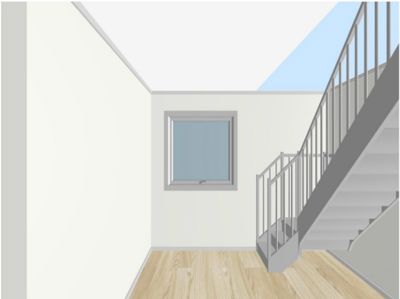 3D-visualisering av en trapp og et vindu sett fra innendørs.