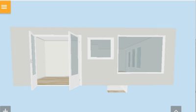 3D-visualisering av en vegg med dører og vinduer sett fra utsiden.