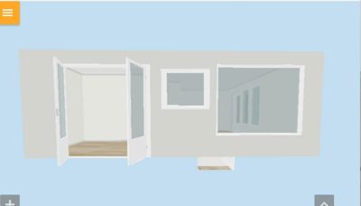 3D-visualisering av en fasade med dører og vinduer