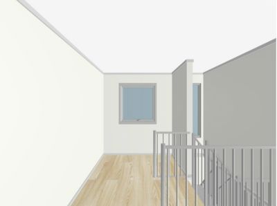 3D-visualisering av en gang eller trappoppgang med gulv, vegger, vindu og balustrade.