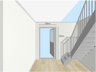 Tegning som viser detaljert oppriss av en døråpning og trapp med angitte mål (110cm bredde, 210cm høyde).