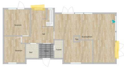Etasjeplan som viser romfordeling, dører, vinduer og trapp i en bolig.
