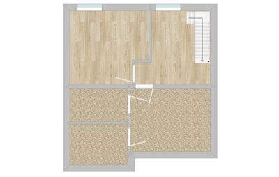 Etasjeplan som viser romfordeling, gulvbelagning (tre og teppe), dører, vinduer og en trapp.