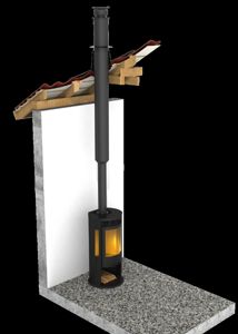 En 3D-visualisering som viser et tverrsnitt gjennom en peis og røykledning, inkludert konstruksjonen av veggen, gulvet og taket.