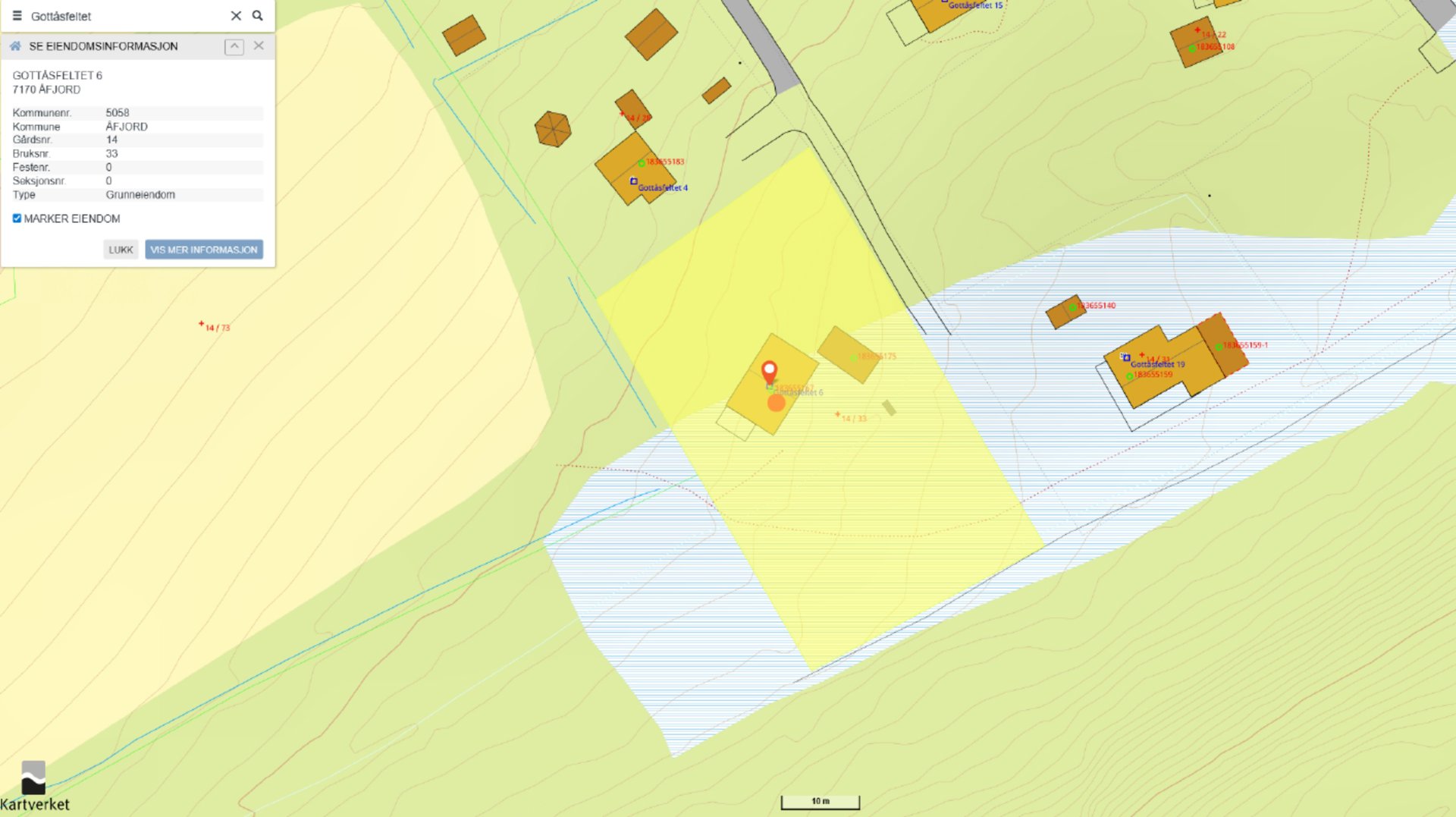 Kartutsnitt fra Kartverket som viser eiendomsgrenser, topografi og nabolag.