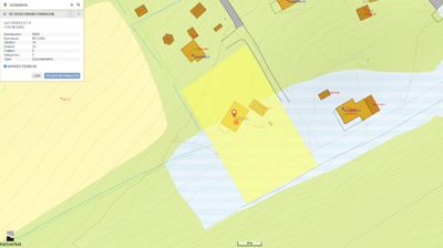 Kartutsnitt fra Kartverket som viser eiendomsgrenser, topografi og nabolag.
