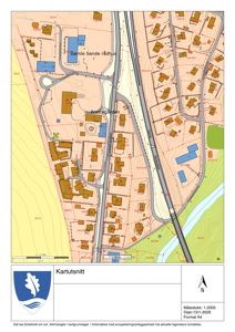 Kartutsnitt som viser Gamle Sande rådhus og Prestegården med omgivende tomter, veier og topografi.