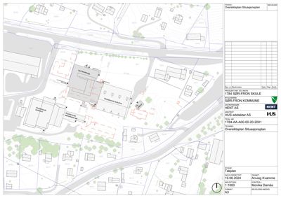 Oversiktsplan (situasjonsplan) som viser tomtens beliggenhet, nabolag, veier og eksisterende bygninger.