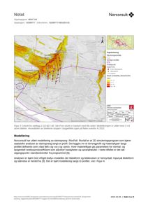 Kart over et område med overlagte data om steinsprang (RocFall-modellering) og geologi. Kartet viser et snitt (2-1D-M2) med markerte punkter og områder for steinsprangfare.