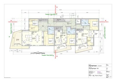 Etasjeplan (1. etg.) for tre hus (A, B og C) med romfordeling, mål og fasadehenvisninger.