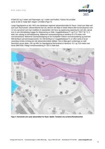 Kartutsnitt som viser et aksemålt område for flaum langs Sagvålselva, med overlagte vannstander og bygninger.
