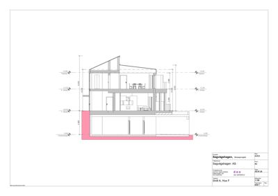 Snittegning av huset 'Sagvågshagen' som viser romfordeling, høyder og konstruksjon.