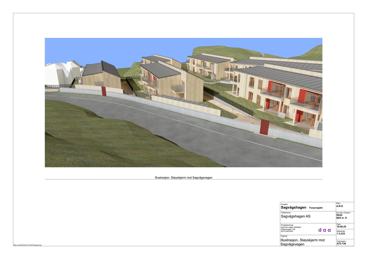 3D-visualisering (rendering) av etasjeplaner med omgivende terreng og vei.