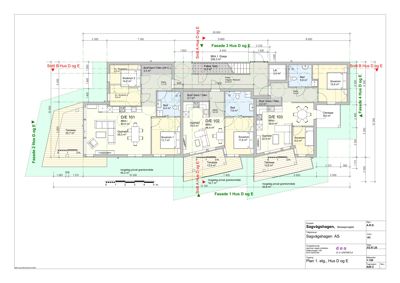 Etasjeplan (1. etg.) for tre hus (Hus D og E) med romfordeling, mål og arealoppdelinger.