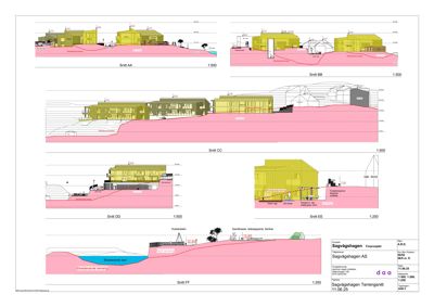 En samling av seksjonstegninger (Snitt AA, BB, CC, DD, EE, FF) som viser bygningens tverrsnitt, høyder, terrengforhold og konstruksjon.