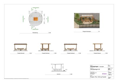 En tegningssamling som viser plantegning, fasadeopprikk og snitt for en pergola.