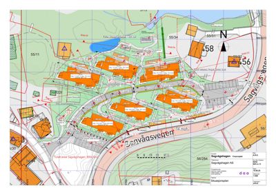 Situasjonsplan for et boligprosjekt (Sagvågshagen) som viser tomtedeling, bygningssilhuetter, veier og høydemål.