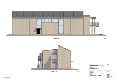 Fasadetegning som viser oppriss av bygningens ytre utseende, inkludert materialer og vindusoppsett.